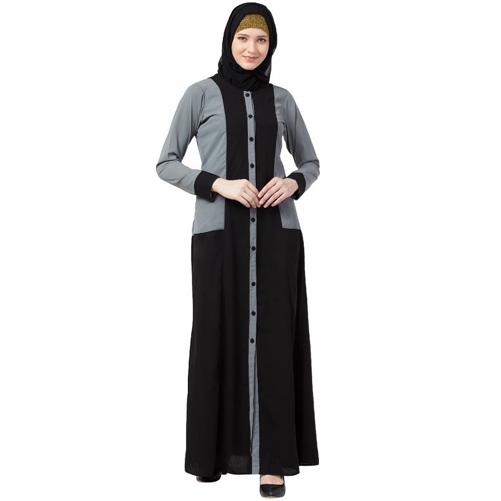 Dual colored front open abaya Black Grey